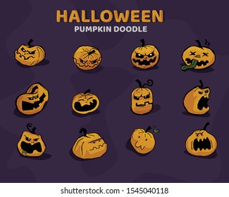 Set of scary and funny vector pumpkins. Isolated on a purple dark background. Halloween symbol.