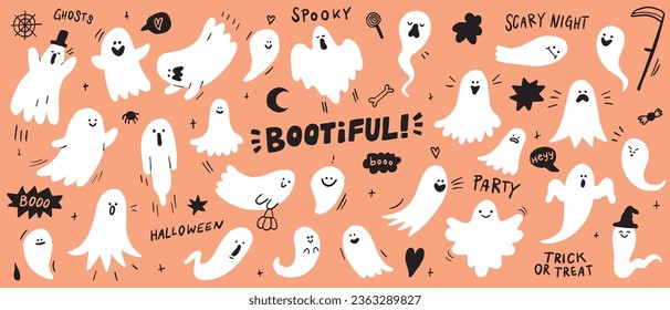 Set of scary ghost illustration, Cute spooky character for halloween.