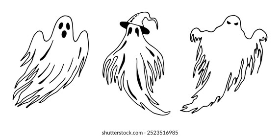 Set of scary ghosts. Halloween graphic illustration. Hand drawn isolated line silhouette. Monochrome creepy clipart for horror holiday. Night magic creature. Clipart in simple doodle style.