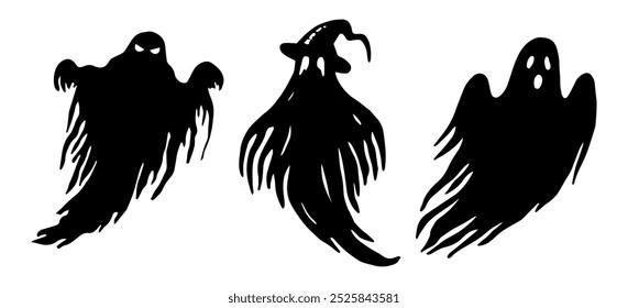 Set of scary ghosts. Halloween graphic illustration. Hand drawn black and white line silhouette. Monochrome creepy clipart for horror holiday. Simple doodle style clipart. Night magic creature.