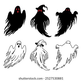 Set of scary ghosts. Halloween graphic illustration. Hand drawn black line silhouette. Monochrome creepy clipart for horror holiday. Simple doodle sketch. Night flying magical creature.