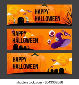 Set of scary halloween banner with rise zombie hand, witch hat, full moon, zombie eyes, tombstone, etc.