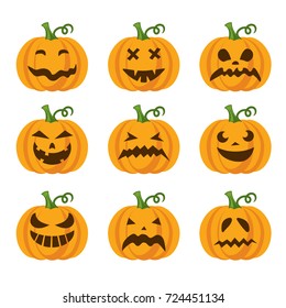 Set of a scary Halloween colorful pumpkins. Collection of silhouette spooky images. Horror emoticons. Emoji art. Flat style icon. Facial expressions. Isolated vector illustration on white background.