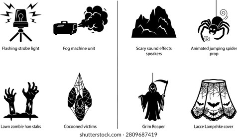 A set of scary Halloween design elements including a fog machine, zombie hands, grim reaper, and spider props, perfect for seasonal frights.