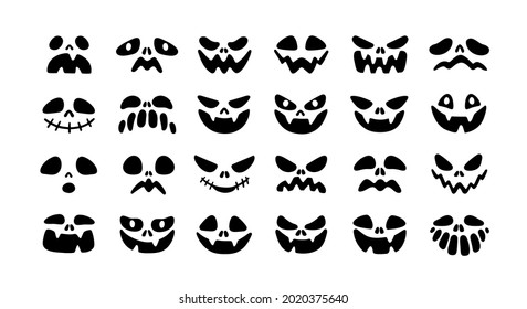 Set of scary Halloween faces with different expressions and emotions. Evil pumpkin's eyes and mouths. Stencils of creepy monster's silhouettes. Flat vector illustration isolated on white background