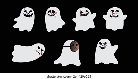 Set of Scary Halloween Ghosts with Bloody Faces and Creepy Expressions – Vector Illustration