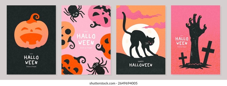 Set of scary Halloween greeting card templates with textured art, featuring a black cat under the moon, a zombie hand rising from the grave, and spooky jack-o'-lantern designs, vector illustration