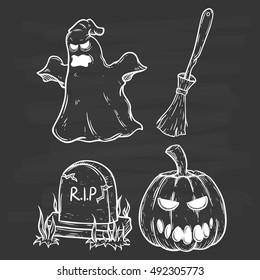 set of scary halloween icons using doodle art or hand drawing style on chalkboard background