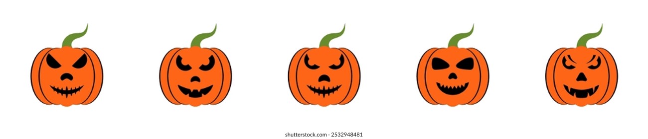 Set of scary Halloween pumpkin face vector icons. Halloween ghost. Pumpkin skull.