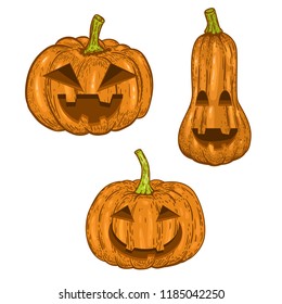 Set of scary halloween pumpkin isolated on white background. Design element for logo, label, emblem, sign, badge. Vector image