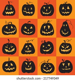 Set of a scary Halloween pumpkin. Pumpkins designs with different facial expressions. Sixteen  pumpkins.