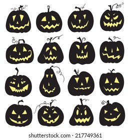 Set of a scary Halloween pumpkin. White backdrop. Pumpkins designs with different facial expressions. Sixteen pumpkins.