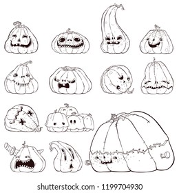 Set of  Scary Halloween Pumpkins. Comic style line vector 