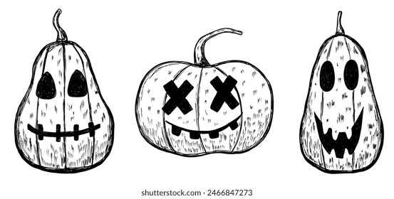 Set with scary Halloween pumpkins in hand drawn sketch style