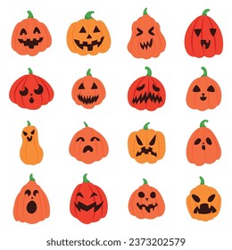 Set of scary Halloween pumpkins on white background