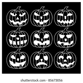 A set of scary halloween pumpkins on a black background