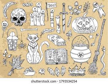 Set of scary Halloween traditional symbols and objects with skull, cat, broom, pot and pumpkin. Hand drawn vector illustration for coloring. Doodle clip art collection 