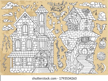 Set of scary Halloween traditional symbols and objects with witch house, bat, full moon and broom. Hand drawn vector illustration for coloring. Doodle clip art collection 