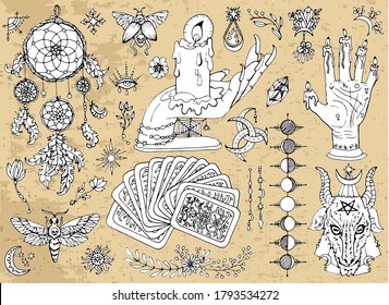 Set of scary Halloween traditional symbols and objects with tarot cards, dreamcatcher, moon phases and goat head. Hand drawn vector illustration for coloring. Doodle clip art collection 