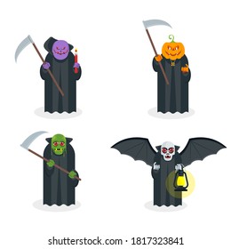 Set of scary Halloween Zombies. Pale skinny vampire. Orange pumpkin with evil eyes in a black cloak holds scythe. Death with a white skull. Purple ghost. Living dead. Halloween Flat vector character.