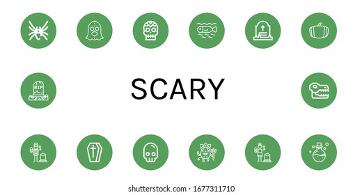 Set of scary icons. Such as Black widow, Executioner, Skull, Dead, Grave, Pumpkin, Widower, Coffin, Devil, Widow, Poison , scary icons