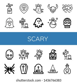 Set of scary icons such as Poison, Executioner, Skull, Widower, Ghost, Haunted house, Dead, Black widow, Devil, Coffin, Zombie, Grave, Witch, Witch hat, Widow , scary