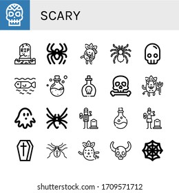 Set of scary icons. Such as Skull, Grave, Spider, Zombie, Tarantula, Dead, Poison, Devil, Haunted house, Black widow, Widower, Widow, Coffin, Ghost, Spider web , scary icons
