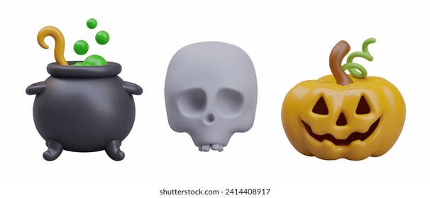 Set of scary illustrations for Halloween. 3D black cauldron with witch potion, skull, pumpkin with cut out eyes and smile. Isolated vector objects in cartoon style