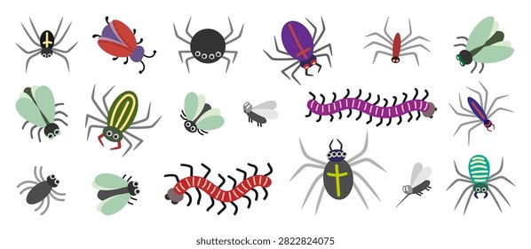 A set of scary insects. Hand drawn vector flat. Centipedes, beetles, gnats. Nasty flies. Creepy spiders, tarantulas. Poisonous animals. Pests. Wildlife. Color illustration.
