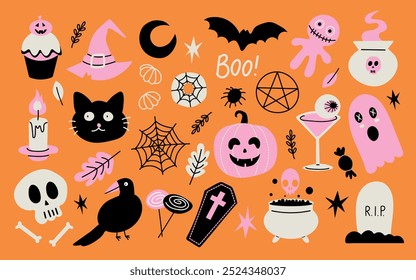 A set of Scary Items for Celebrating Halloveen. Ghost, candle, spider, raven, bat, pumpkin, skeleton. For scrapbooking, sticker, card, poster.	