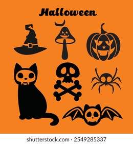 A set of scary items for celebrating Halloween. Halloween Greeting or poster design. Cute Vector illustration.