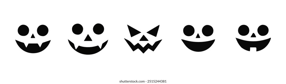 Set of scary monster faces, featuring Jack O' Lantern Halloween pumpkin icons. Simple creepy horror illustrations, perfect for Halloween designs and spooky decorations.