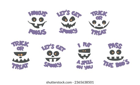 Set of scary monster faces, quotes. Vector black carving ghost masks, phrases for party, event, card, banner, invitation, sticker.