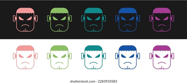 Set Scary monster - Frankenstein face icon isolated on black and white background. Happy Halloween party.  Vector