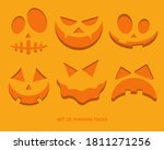Set of scary pumpkin faces on orange background vector illustration design templates for Halloween holiday.