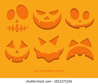 Set of scary pumpkin faces on orange background vector illustration design templates for Halloween holiday.