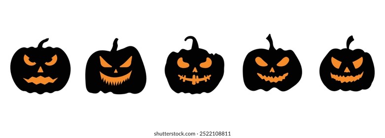 Conjunto de calabazas de miedo con caras icono de Colección. Siluetas de Halloween símbolo de personaje de calabaza negro. Ilustración vectorial.