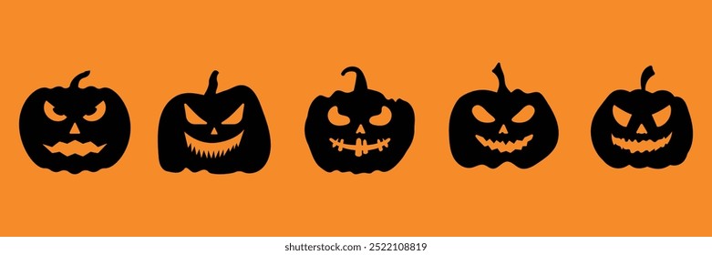 Conjunto de calabazas de miedo con caras icono de Colección. Siluetas de Halloween símbolo de personaje de calabaza negro. Ilustración vectorial.