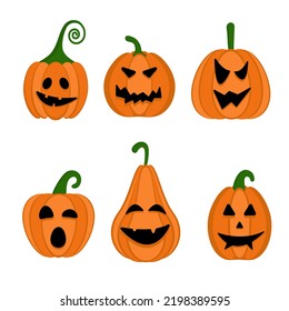 Set of scary pumpkins for Halloween. Flat style vector creepy with different faces