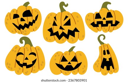 A set of scary pumpkins for Halloween. Flat style vector yellow creepy pumpkins with black carved faces on a white background. A bright isolated illustration of pumpkins with emotions. Sticker