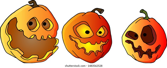 set of scary pumpkins for halloween. Handmade sketch on a white background