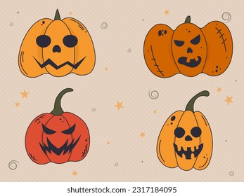 A set of scary pumpkins for Halloween. A pumpkin face with a creepy retro smile. The main symbol of the Halloween holiday. An element for your design. Trick or treat.