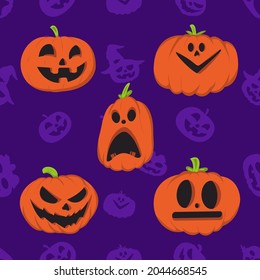 Set of Scary Pumpkins For Halloween with Seamless Background