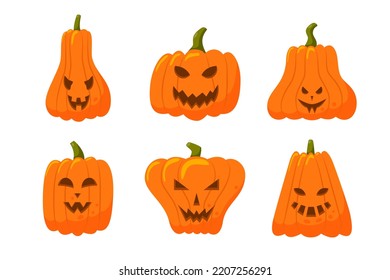 Set of scary pumpkins of various shapes isolated on a white background. Spooky creepy gourd faces, fall harvest squash. Thanksgiving and Halloween Elements. Vector illustrations