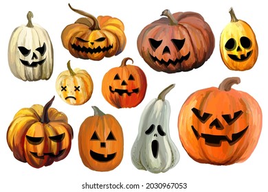 Set of scary smiling pumpkins. Illustration for Halloween celebration.