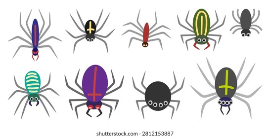 Set of scary spiders. Hand drawn vector flat. Argiope bruennichi. Creepy tarantula spider. Dangerous animal insect. Wildlife. Color illustration.