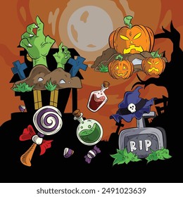 a set of scary and spooky halloween elements assets bundle with halloween black silhouette background in cartoon illustration vector style for halloween trick or treat festival 