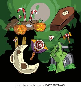 a set of scary and spooky halloween elements assets bundle with halloween black silhouette background in cartoon illustration vector style for halloween trick or treat festival 