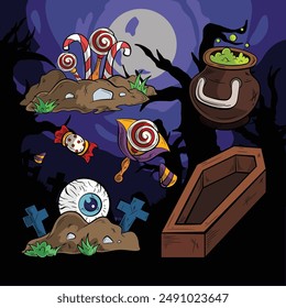a set of scary and spooky halloween elements assets bundle with halloween black silhouette background in cartoon illustration vector style for halloween trick or treat festival 