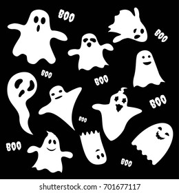 Set of scary white ghost characters on black background, Halloween holiday flat icon. Vector illustration